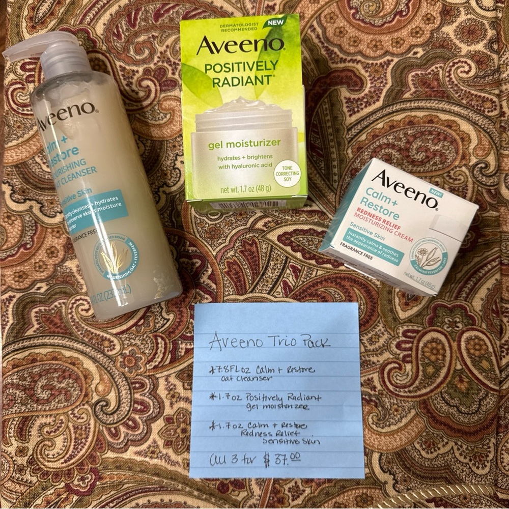 Aveeno Positively Radiant Gel Moisturizer, Redness Relief cream and Oat Cleanser